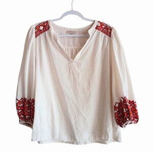 KNOX ROSE Women's Boho Peasant Top Bulloon Sleeve Aztec Cream Orange MEDIUM